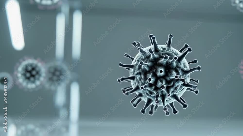 Poster microscopic view of a virus, possibly a coronavirus or influenza virus, floating in a neutral space 