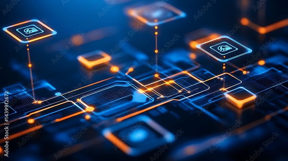 Poster abstract digital network connection with glowing lines and orange blue color scheme