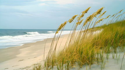 Serene Coastal Scene: Sandy Beach Ocean Waves and Golden Dune Grass