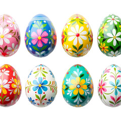 a vibrant collection of hand-painted easter eggs featuring intricate floral designs in a variety of bright colors are displayed against a white background.
