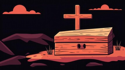 Carved cross on wooden box, flat tone mourning scene, flat design illustration