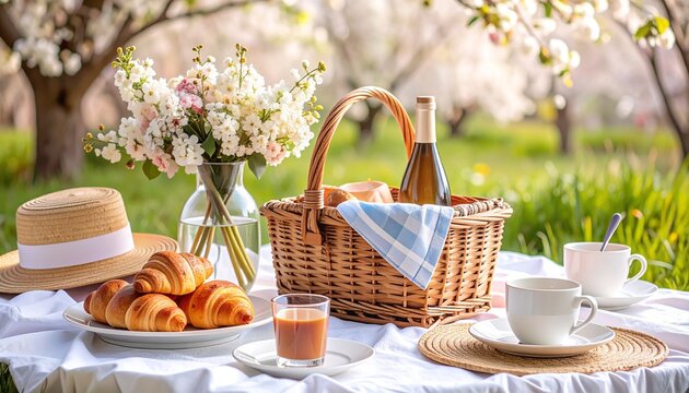 Kosz piknikowy, kawa, napoje i croissanty na obrusie rozłożonym na trawie. W tle kwitnące drzewa. Majowy piknik w ogrodzie, wyjazd za miasto