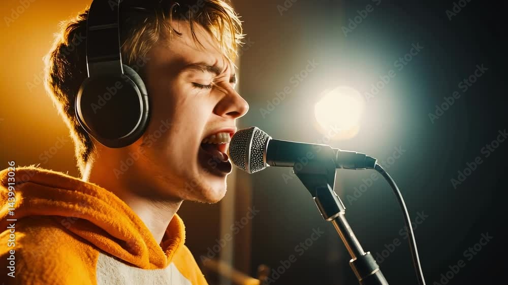 Poster retro chrome microphone rotating slowly against stark white background, highlighting professional re