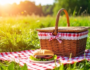 Kanapka i kosz piknikowy na obrusie leżącym na trawie. Wiosenny piknik