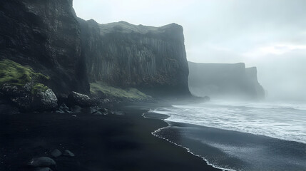 Misty Black Sand Beach with Dramatic Cliffs and Basalt Columns