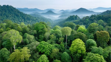 Obraz premium Amazon rainforest landscape with mountains in the background during sunset showcasing natural beauty and vibrant colors