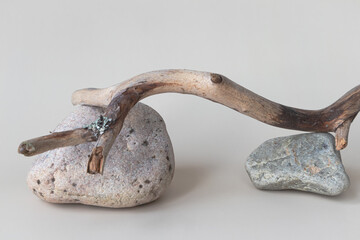 A dry tree branch and stones on a light background. Minimalistic creative composite background for the presentation of cosmetics or products. Front view