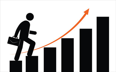 Vector icon of Financial growth concept with businessman climbing on business chart bars with upward arrow . vector