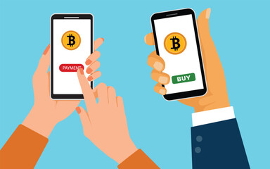 Buying Bitcoin online. hands purchasing crypto currency on mobile phone. Vector llustration