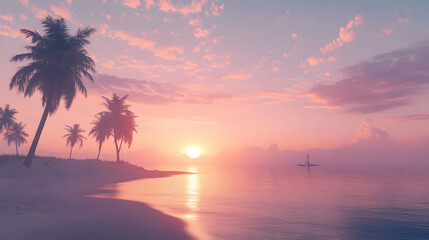 Pink Sunset over Tropical Beach: Palm Trees Calm Ocean and a Serene Landscape