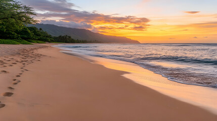 Obraz premium Serene Beach Sunset: Footprints in the Sand of a Tropical Paradise