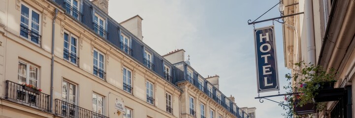Obraz premium European city buildings with a hotel sign.