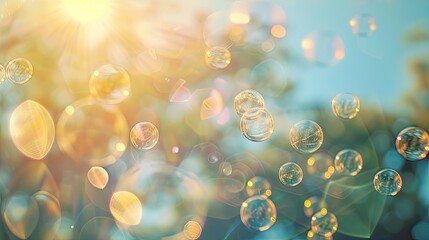 Gros plan sur un groupe de petites bulles rondes dorÃ©es flottant dans l'air. Vue macroscopique de la levure -