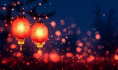 Illuminated Paper Lanterns Hanging with Bokeh Lights at Night