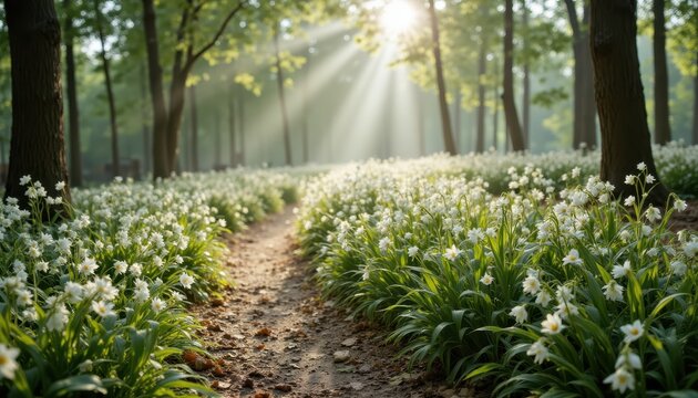 Calm nature trail bordered with wild blooming lily of the valley flowers bathed in early morning mist offering serene outdoor landscape vibes