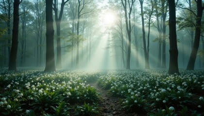 Obraz premium Atmospheric early morning forest scene filled with mist and clusters of lily of the valley blooms creating a mystical and peaceful natural setting