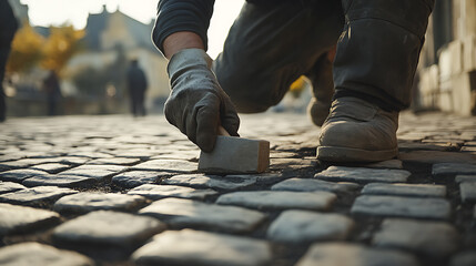 Worker Laying Cobblestone on a Street