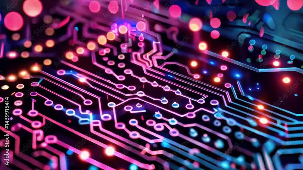 Poster futuristic neon circuit board surface with vibrant lights and complex patterns.