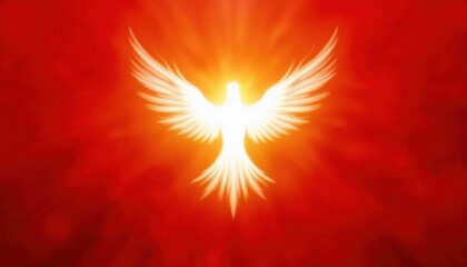 Vibrant Pentecost background with soft golden light and glowing white dove symbolizing the Holy Spirit over a textured red backdrop