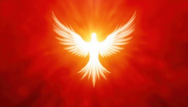 Vibrant Pentecost background with soft golden light and glowing white dove symbolizing the Holy Spirit over a textured red backdrop