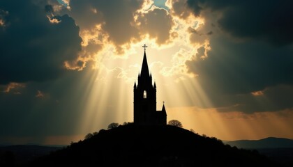 Majestic Pentecost background featuring radiant beams of light piercing through dramatic clouds over an ancient church silhouette