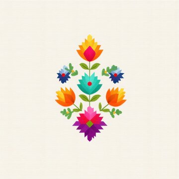 Colorful flower arrangement with symmetrical design and intricate balochi embroidery pattern on fabric background