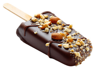 Decadent chocolate ice cream bar with nuts on a wooden stick, cut out 
