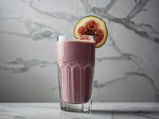 A clear glass filled with a creamy, slightly textured fig smoothie, topped with a fig slice