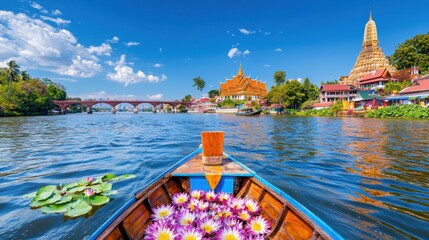 Naklejka premium Boat with flowers floating in water on a picturesque waterway view in bangkok thailand