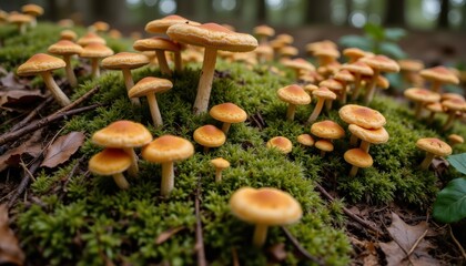 Hyperrealistic forest floor covered in colorful fungi moss and insects demonstrating the richness of natural biodiversity