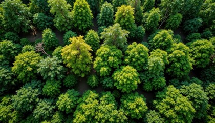 Fototapeta premium Vibrant top view of tropical rainforest layers showcasing tree diversity and wildlife habitats supporting International Day for Biological Diversity