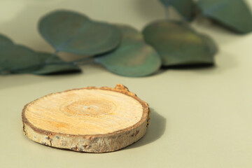 A round wooden pedestal on a light background and a branch of eucalyptus. A place for advertising.