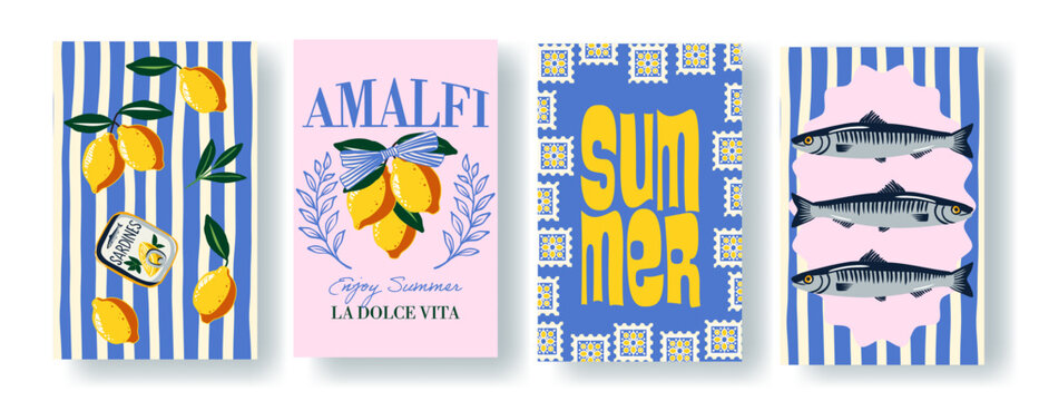 Set of colorful italian posters  summer: lemons, sardines, marine motifs, decorative tiles, and cheerful typography. Perfect for travel, kitchen decor, packaging, and prints