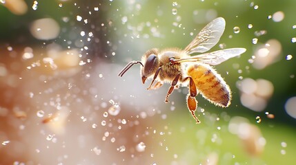 Naklejka premium Flying Bee with Water Droplets in Natural Setting