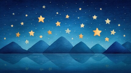 Obraz premium Night scene featuring mountains illuminated by stars in a beautiful watercolor painting style