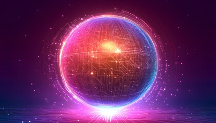 A glowing sphere displays digital lines in a vibrant display