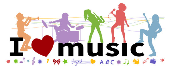 Children musicants silhouettes with music elements and text on white background. Vector illustration. © Евгений Горячев