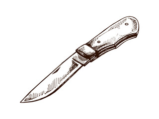 Hand drawn vintage sketch of folding pocket knife for camping, hiking and outdoor adventure isolated