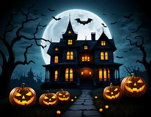 Fototapeta premium Spooky Halloween Mansion with Jack-o'-lanterns under a full moon