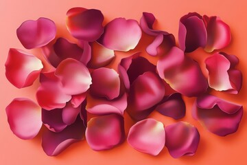 A scattering of rose petals arranged artfully on a coral background.