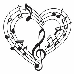 A minimalist heart-shaped design formed by music notes, featuring treble and bass clefs on a clean white background&mdash;perfect for music-themed creative projects.