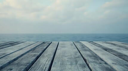 Foggy sea wooden deck view