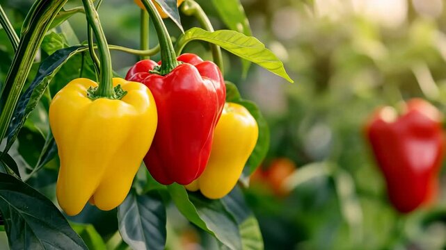 Growing pepper plants with big fruits. Juicy yellow, red peppers hanging on the vine. Plantation. Produce in a Modern greenhouse. Close Up ripe pepper on a branch. Crop of vegetables. Selective focus