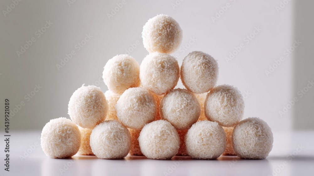 Poster coconut balls arranged in a triangle on a light background showcasing their texture and shape