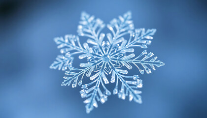close up of a snowflake on a blue background