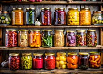 Colorful Preserved Foods: Jarred Goods, Pantry Organization, Rustic Shelf, Home Canning,  Delicious Recipe Ingredients