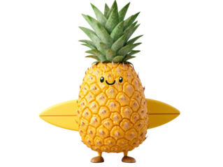 Happy pineapple character with surfboard ready for summer fun, cut out 