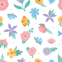 Floral seamless pattern with cartoon flowers and leaves for textile prints, wallpaper, backgrounds, wrapping paper, stationery, scrapbooking, etc. EPS 10