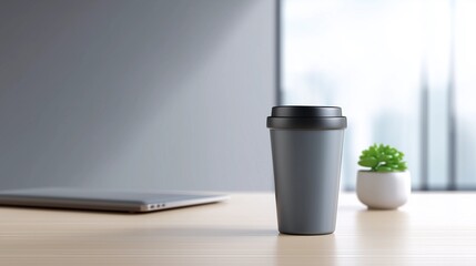 Sleek reusable coffee cup on a modern, minimalist office desk. Promoting eco-conscious choices and sustainability in the corporate environment. Clean aesthetic.