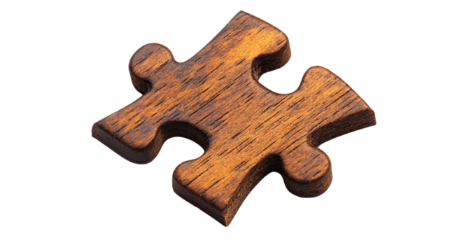 High-resolution image of a single wooden puzzle piece, centered on white background with no other objects --ar 16:9